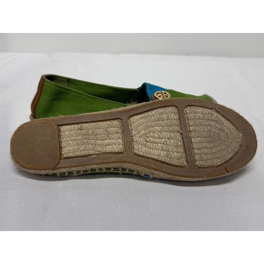 Tory Burch Beacher Espadrille Canvas Flats Womens Size 6 Green/Blue Slip On Shoe